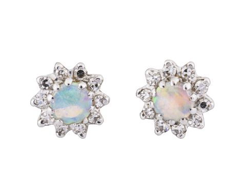A pair opal and diamond cluster ear-studscircular cabochon opal, claw-set raised above a border of brilliant-cut diamonds (2)