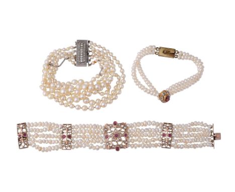 Three cultured pearl bracelets:  the first comprising six graduated rows (one broken) of 6mm-2mm cultured pearls  to the past