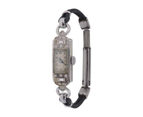 A lady's Art Deco diamond set platinum cocktail wristwatch rectangular dial with black Arabic numerlas and minute track, manu