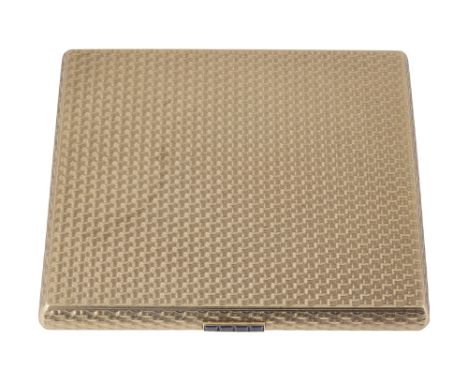 An 9ct gold and sapphire cigarette caserectangular cushion form with fine engine turned case with thumb-piece set with calibr