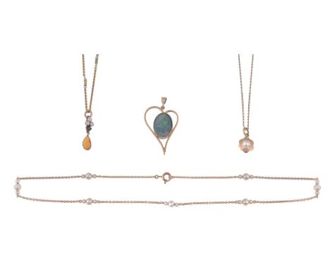 Three pendants including an Edwardian claw set opal cabochon drop, suspended on a fancy link chain, stamped "9ct"; an opal do