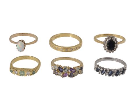 A collection of gem-set ringssapphire and diamond set ring, baguette cut sapphires set between brilliant-cut diamonds, stampe