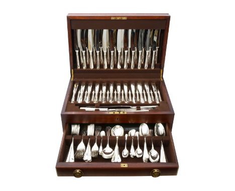 A twelve setting silver plated canteen of Hanoverian Rattail pattern flatware by Harrodscomprising twelve dinner forks, twelv