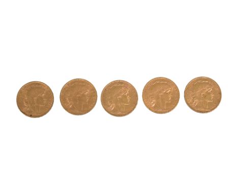 France. Third Republic, Five gold 20 Francs, 1905Paris Mint mark, Marianne facing right, rev cockerel (5)each diameter 21mm.,
