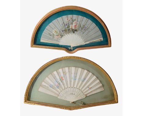 Two framed late 19th/early 20th century fansthe first in the form of a dance card with bone guard sticks with gilt painted nu