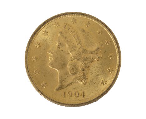 An American 1904 $20 dollar double eagle Liberty head gold coin Philadelphia mintdiameter approx 35mm., weight approx 33.4gCo