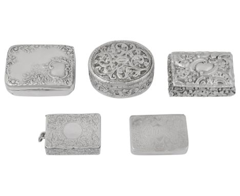 Four late Victorian and Edwardian silver snuff and vesta boxes first London, 1886, Deakin &amp; Francis Ltd  of rectangular c