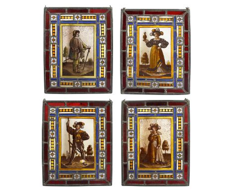 A set of four Victorian leaded glass panelsmid 19th centuryeach with a painted central full length portrait, to include two l