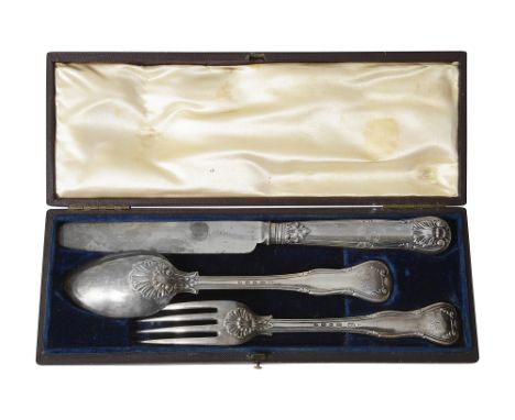An early Victorian cased silver three piece Kings husk pattern christening setLondon, 1844, George Adams comprising fork spoo