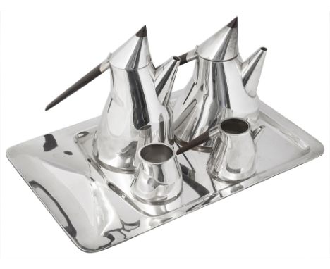 An Indian modern silver tea and coffee set with tray by Ravissantstamped 925, date letter for 1992, stamped Ravissantof plain