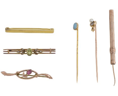 A collection of accessories including a pearl and diamon chip set stick pin, stamped "15ct"; peridot and pearl bar brooch, st