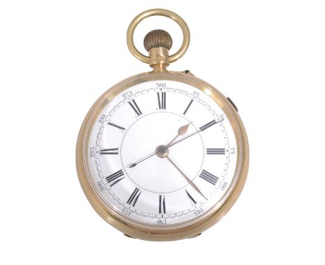 An 18ct gold open faced keyless pocket watchthe enamel dial with raised chapter ring, Roman numeral and stop watch feature, w