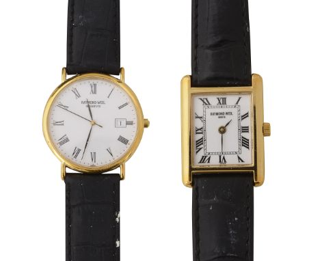 A Raymond Weil gentlemans' Tradition 18k gold plated quartz wristwatch, Ref 1943 and a lady's tank Ref 5766/2first circular w