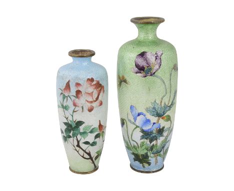 Two Japanese Meiji period ginbari enamel vasesboth of shouldered tapering from, the larger decorated with poppies and a butte