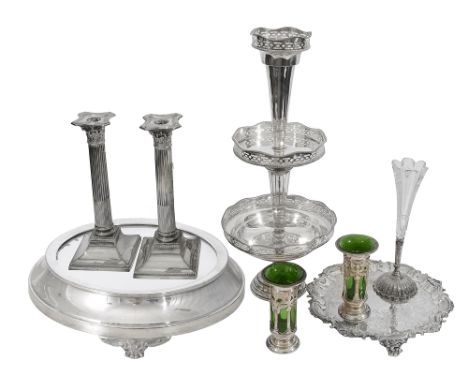 A small collection of electroplated itemsto include a Wedding cake stand by Walker &amp; Hall, circular with mirror plateau, 