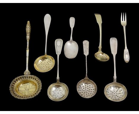 19th century Russian silver sifter spoons and other items Russian marksto include: a silver-gilt fiddle pattern sifter spoon,
