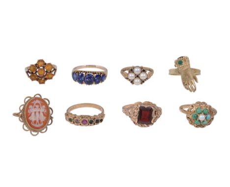 A collection of gem-set 9ct gold rings an Edwardian-style five stone synthetic sapphire ring, set with mix-cut mix-shape synt