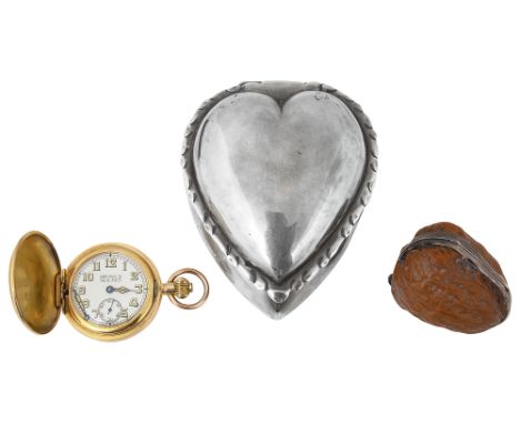 A late Victorian silver heart trinket box, a gold plated full hunter fob watch and a silver mounted walnut pillboxfirst Birmi