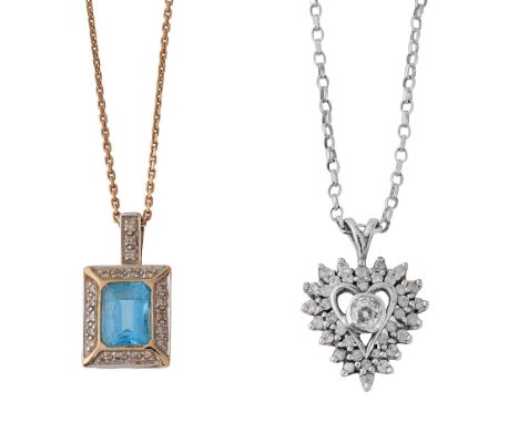 Two gem set pendants diamond and 9ct white gold heart pendant, set with a central round brilliant cut diamond, surrounded by 