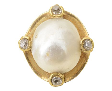 A late 19th/early 20th century pearl and diamond-set stick pin headthe oval pearl (untested) measuring 8.9mm x 8.1mm x 7.0mm 