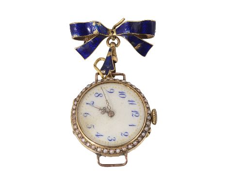 18ct gold, diamond, half pearl and enamel watch head circular watch-head, white face with blue Arabic numerals, with gilt dot