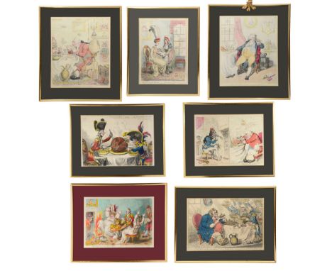 After James Gillray (British 1756-1815) Seven satirical printsmid 19th century, etchings with hand colouring, some with stipp