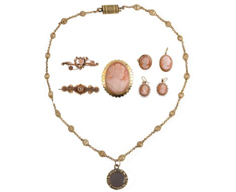 A collection of cameo set jewellery including a 9ct gold mounted cameo brooch, stamped with hallmarks; 9ct gold mounted cameo