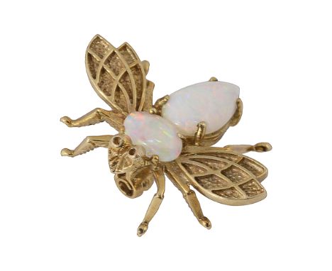 A 9ct gold and opal set bee broochwith oval cabochon set thorax, oval pear-shaped cabochon abdomen, detailed wings and chased