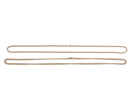 Two 9ct gold chains9ct gold flattened curb-link chain, stamped with hallmarks; the second, 9ct gold twisted rope chain, stamp