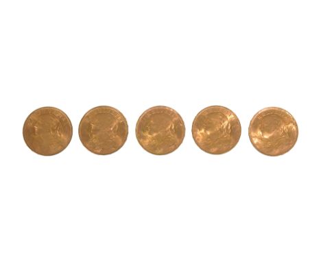 Switzerland. Five gold 20 francs, all 1935of which four LB  and one B, bust portrait of a female personification of Helvetia 