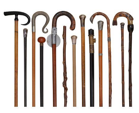 A collection of Edwardian and later walking canes and sticksto include a Lancewood shooting / walking stick with folding seat