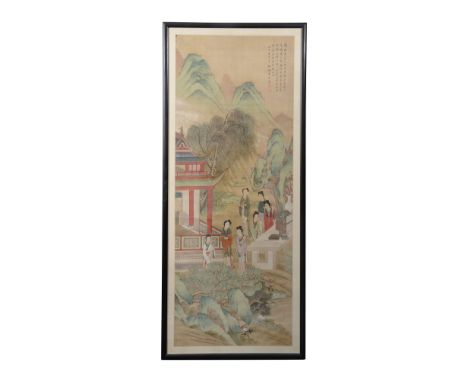 Chinese School early 20th century Mountainous landscape with pavilion, trees and courtly lady's, ink and colour on silk, call