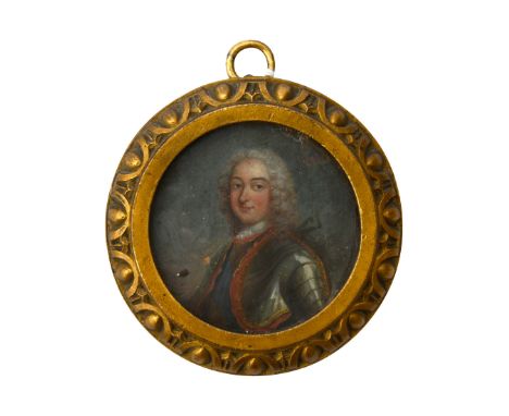 18th century English SchoolPortrait miniature of a gentleman, wearing a grey powdered wig and wearing armour, oil on card, in