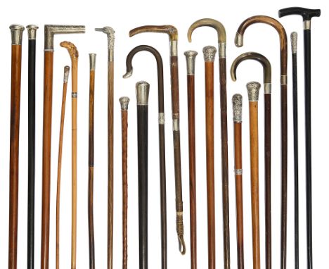 A collection of Victorian and later walking sticks and canes, mostly with silver tops and collarsto include a cane with novel