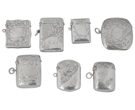 Seven George V silver vesta casesvarious dates, makersof varying size with foliate engraved decoration, to include a rounded 