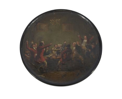 An early 19th century lacquered papier mache snuff box by Samuel Raven circular the lid painted with an interior with gentlem