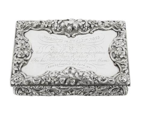 An early Victorian silver presentation table snuff boxBirmingham, 1840, Nathaniel Mills,of rectangular bombe form, the hinged