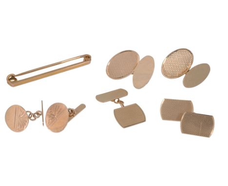 A collection of 9ct gold cufflinksa pair of 9ct gold engine turned oval cufflinks, with chain backs, stamped with Birmingham 