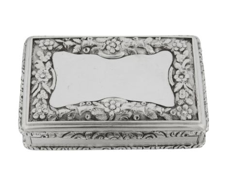 An early Victorian silver snuff boxBirmingham, 1840, Francis Clarkrectangular, the hinged cover with raised foliate chased sh