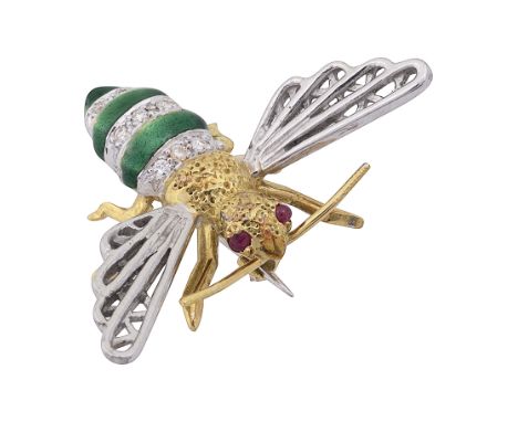 An 18ct gold and enamel bee brooch ruby cabochon eyes, 18ct gold thorax chased with stipple design, green enamel and brillian