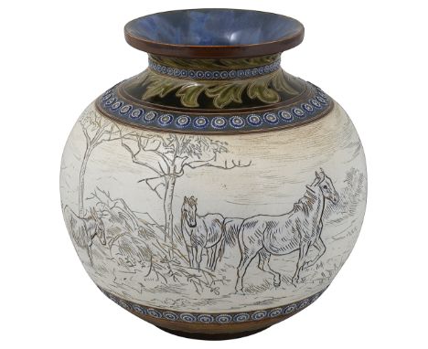 Hannah Bolton Barlow (1851-1916) A Doulton Lambeth stoneware vaseof globe form, decorated with a continuous sgraffito decorat