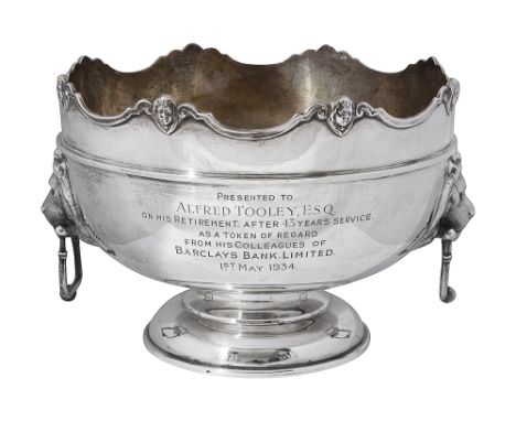 A George V silver presentation rose bowlSheffield, 1933 William Hutton &amp; Sonsof circular tapering from with lion mask dro