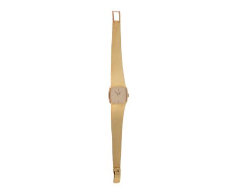 An 18ct gold Omega lady's wristwatchthe squared case with champagne dial and raised baton numerals, textured bracelet and fol