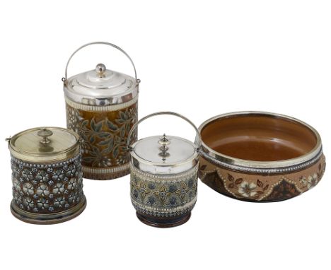 Three Doulton Lambeth stoneware biscuit barrels and a salad bowl with electroplated mounts the larger barrel incised with scr
