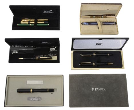 A collection of fountain and ballpoint pens to include Mont Blanc comprising cased Mont Blanc Meisterstuck ballpoint pen and 