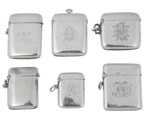 Six Victorian and later silver vesta casesvarious dates and makersvarying size, of plain mostly rectangular cushion design wi