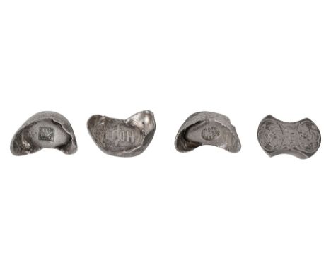 Four 19th century Chinese silver sycee ingots three boat shaped with seal marks, the other of waisted form engraved with a sh