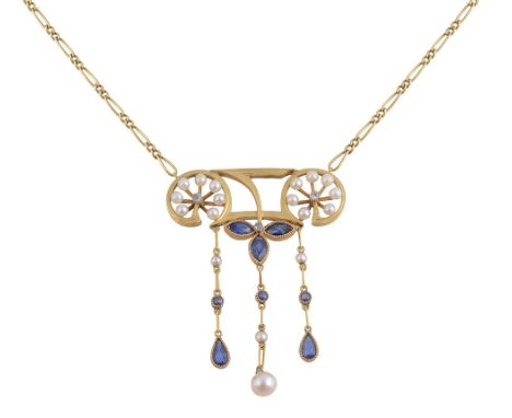 A French Art Nouveau sapphire, seed pearl and yellow gold pendant designed as two seed pearl wheels each with a rose-cut diam