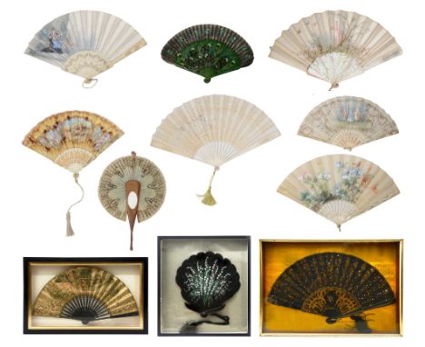 A collection of 19th century and later fanscomprising a hand painted wooden fan decorated with lily of the valley in later gl