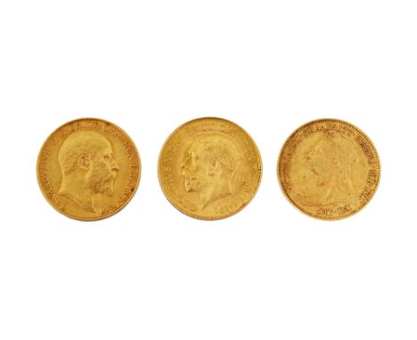 Three gold half sovereignsfirst Victoria, 1901, crowned veiled bust facing left second Edward VII, 1902, bare head right, thi